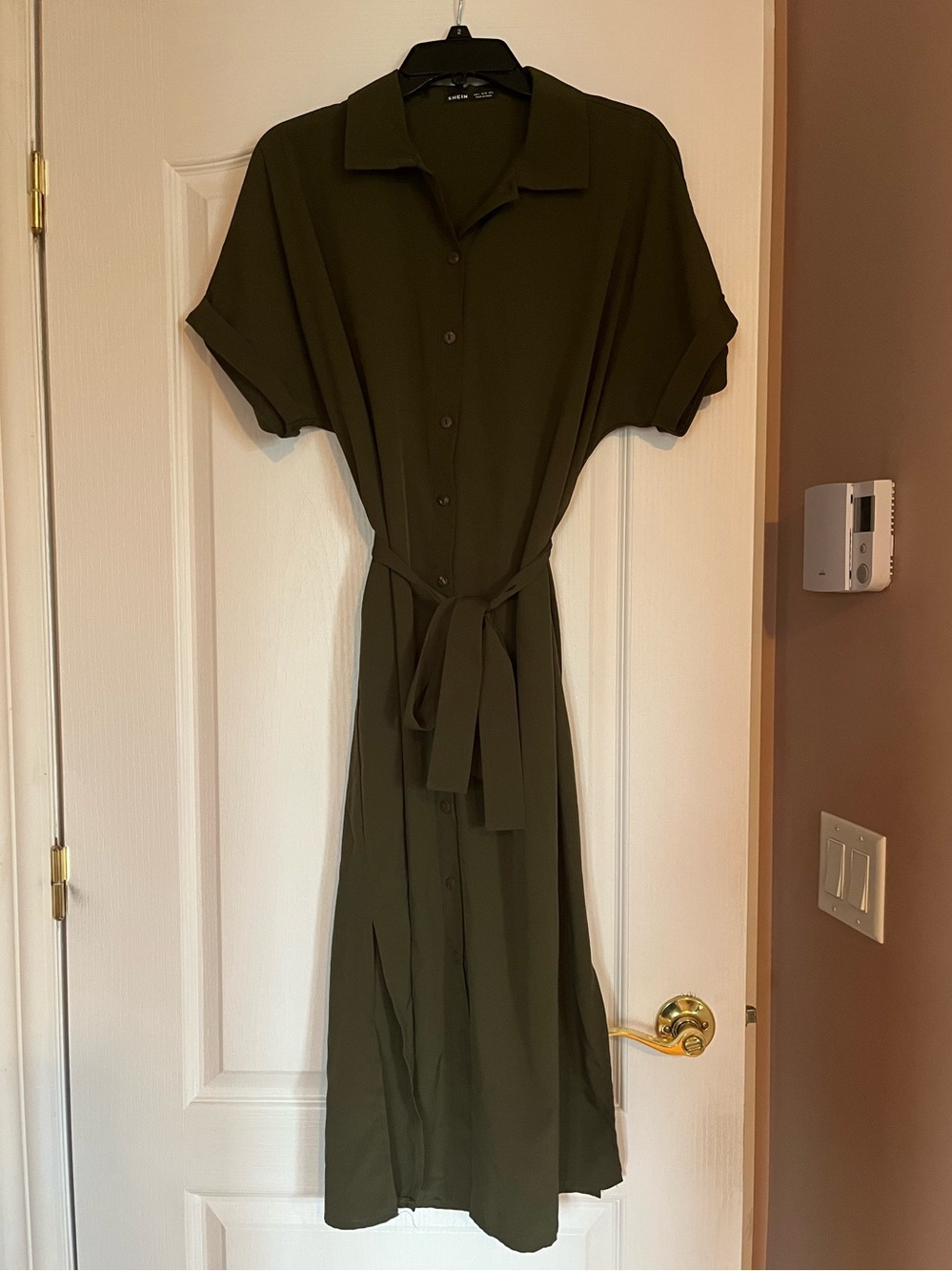 3/$15 - SHEIN Olive Green Button-Front Midi Shirt Dress with Tie